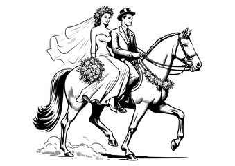 Fototapeta premium bride and groom in traditional wedding attire riding a horse romantic moment sketch engraving generative ai fictional character PNG illustration. Scratch board imitation. Black and white image.