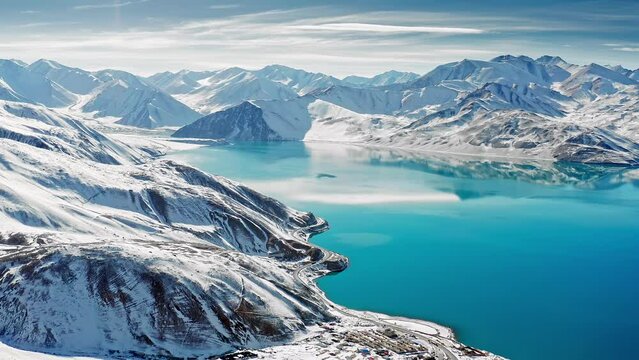 Aerial photo of Baisha Lake in Pamir Plateau, Xinjiang, China after snow