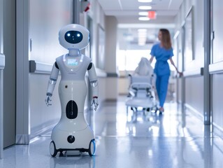 Include images of robotic assistants working alongside healthcare professionals in clinical settings. 