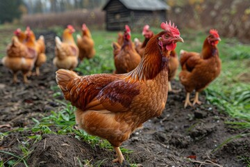 Fototapeta premium A charismatic brown chicken explores a farm with a traditional coop in the background, representing sustainable farming