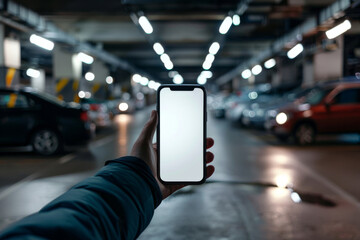 Hand holding a smartphone with a blank screen in a car park, symbolizing easy parking application use and online payment options