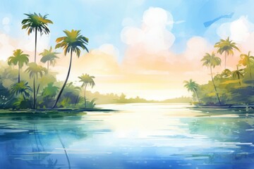 Obraz premium A vibrant watercolor background of a serene tropical lagoon bathed in sunlight, capturing the essence of a perfect summer holiday in soft colors.