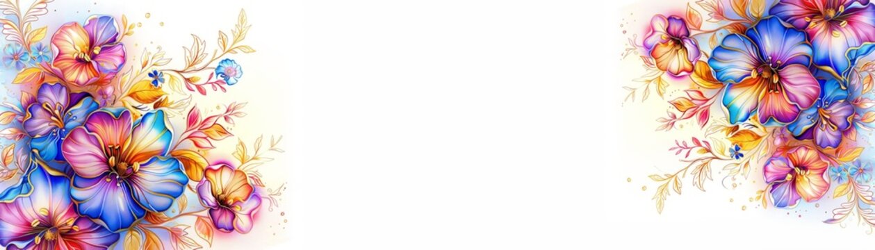 Festive invitation border with watercolor flowers in a dance of pink, blue, and gold, evoking a sense of joyous elegance