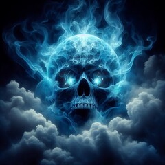 The image depicts a skull engulfed in blue flames, symbolizing a fusion of the macabre and the ethereal 