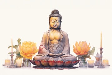 Quiet watercolor of a Buddha statue with offerings of incense and lotus on altar, under the gentle light of dawn, in the style of hyper-realistic illustrations