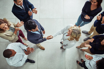Handshake, meeting and top view of business people in office for teamwork, collaboration or...