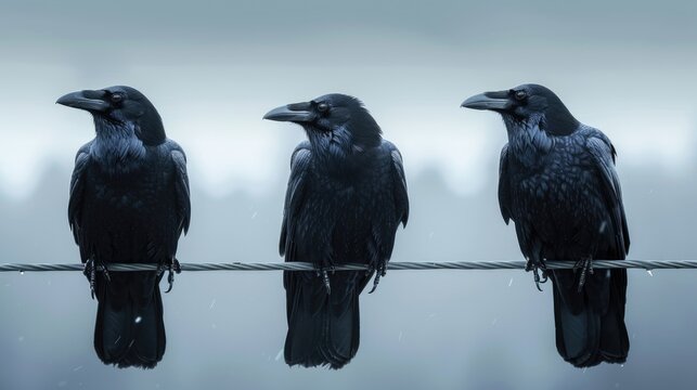 Mystery of Three Crows - Contrasting Image of Wise Crows Perched on a Wire with Spiritual