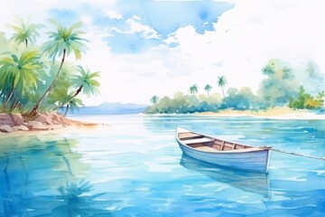 Fototapeta premium Watercolor painting of a serene tropical bay featuring a rowboat, palm trees, and a distant shoreline.