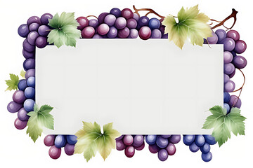 Colorful photo frame of a bunch of purple grapes on a vine with green leaves. Grapes are bunched and hanging from the vine on a white background.