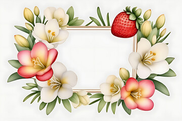 Square frame decorated with single ripe strawberry is displayed in a classic picture frame on a white background.