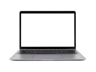Laptop or notebook with blank screen isolated with clipping path on transparent background.