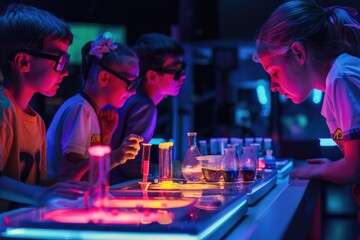 Group of children conducting experiments in a science lab. Suitable for educational materials
