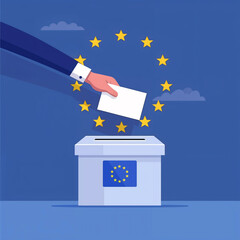 Casting a ballot into a voting box. The box is blue with yellow stars. European elections concept. Generative AI illustration.