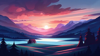 Pinky sunset landscape illustration