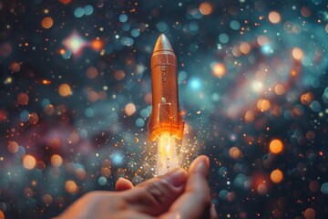 A powerful symbolism of a bronze space rocket launching off a human hand against a bokeh backdrop