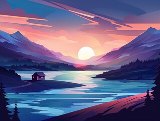 Pinky sunset landscape illustration