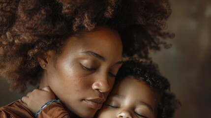 Obraz premium A woman holding a child with closed eyes, suitable for family and parenting concepts