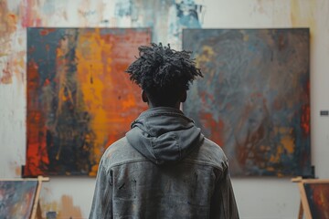 An individual with an afro is seen from behind, gazing at vibrant abstract paintings in a creative studio environment