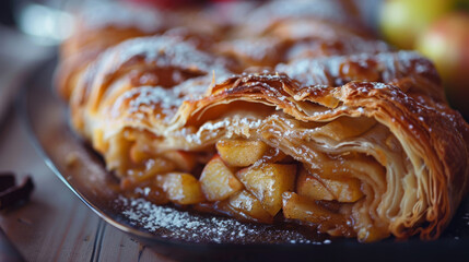 Fototapeta premium Delectable freshly baked apple strudel dusted with powdered sugar, presented on a rustic plate with a warm, blurred kitchen background