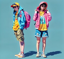 A pair of teenagers in brightly colored streetwear, they're looking in different directions