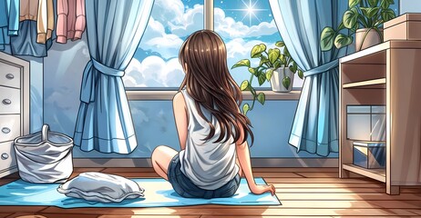 A girl is sitting on the floor in front of a window, gazing outside