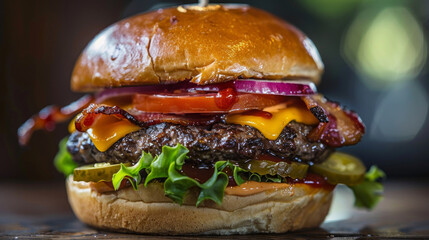 Close-up of a mouthwatering cheeseburger topped with bacon, melted cheese, fresh veggies, and sauce on a toasted bun