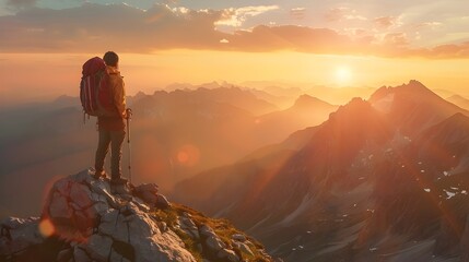 Fototapeta premium Solitary Hiker at Majestic Mountain Sunrise Contemplating Life's Journey