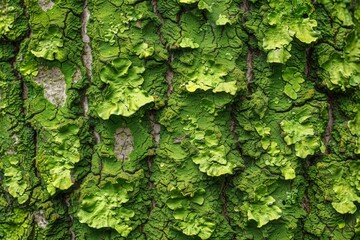 Moss-covered tree bark, textured and vibrant green, hints of damp earth