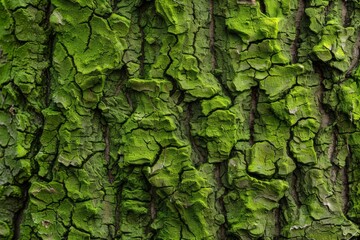 Moss-covered tree bark, textured and vibrant green, hints of damp earth