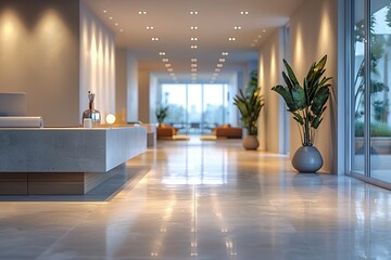 Fototapeta premium A sleek, contemporary reception area with a plant, reflective floor and minimalistic furniture