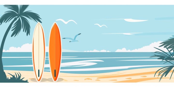 beach with palm trees， surfboards on the beach with copy space in the side， banner design with blue sea in the background