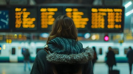 Fototapeta premium Woman Waiting at Bustling Train Station with Departure Board and Passing Time