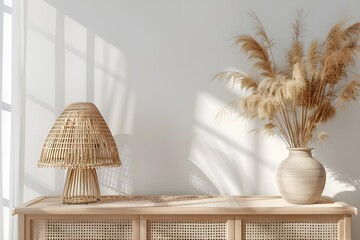 Living room interior wall mockup in minimalist Japandi style with caned console, wicker basket lamp and dried pampas grass in ceramic vase on empty warm white background. 3d rendering, 3d illustration