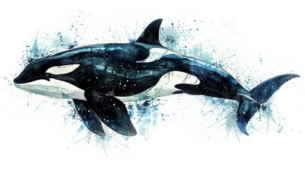 Killer Whale in Watercolor. Isolated Killer Whale in Black and White, Artistic Watercolor Style