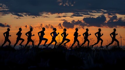 Silhouetted Runners Chasing Sunrise or Sunset Across Scenic Landscape