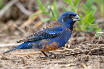 Male Blue Grosbeak Feeding on Ground During Spring Migration