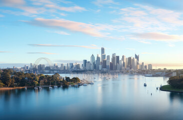 Serene Sunrise Over Urban Waterfront Skyline