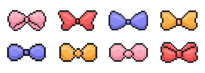 bowknot pixel art set, various bows, 80s, 90s, old arcade video game style, ribbon, birthday decor, celebration, items for game, mobile app and more, vector illustration