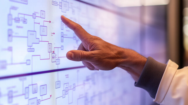 Engineer Reviewing System Network Schematics on Interactive Display
