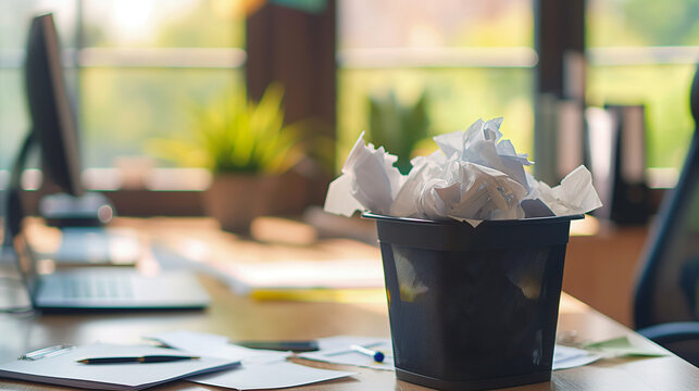 Overflowing Trash Can with Crumpled Paper in Office
