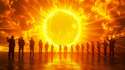 people walk towards the sun, energy ball that emits heat
