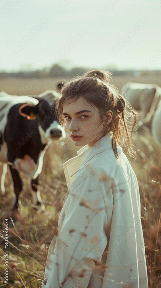 Canvas Prints A woman is standing in a field with cows