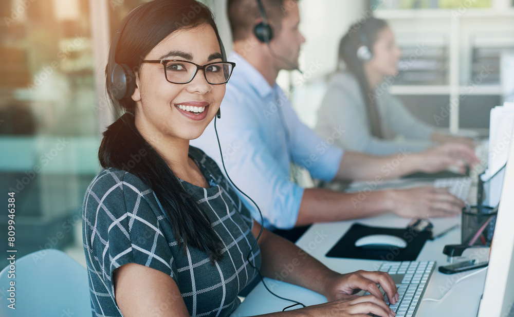 Poster call center, telemarketing and woman portrait at computer with customer service and crm. conversatio