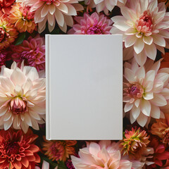 Mockup of a new book with blank white cover in modern neat style on pink and red dahlia flowers garden background. Square template for social media post for books and flowers.