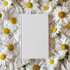 Mockup of a new book with blank white cover in modern neat style on white daisy flowers and fabric background. Square template for social media post for books and flowers.