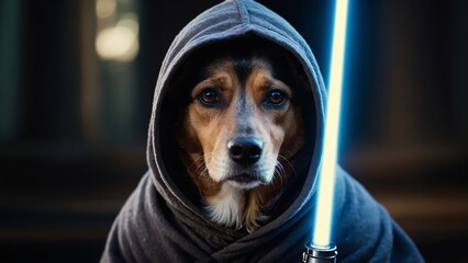 Funny dog in Jedi clothes and with a lightsaber, cute pet for background, poster, print, design card, banner, flyer - obrazy, fototapety, plakaty