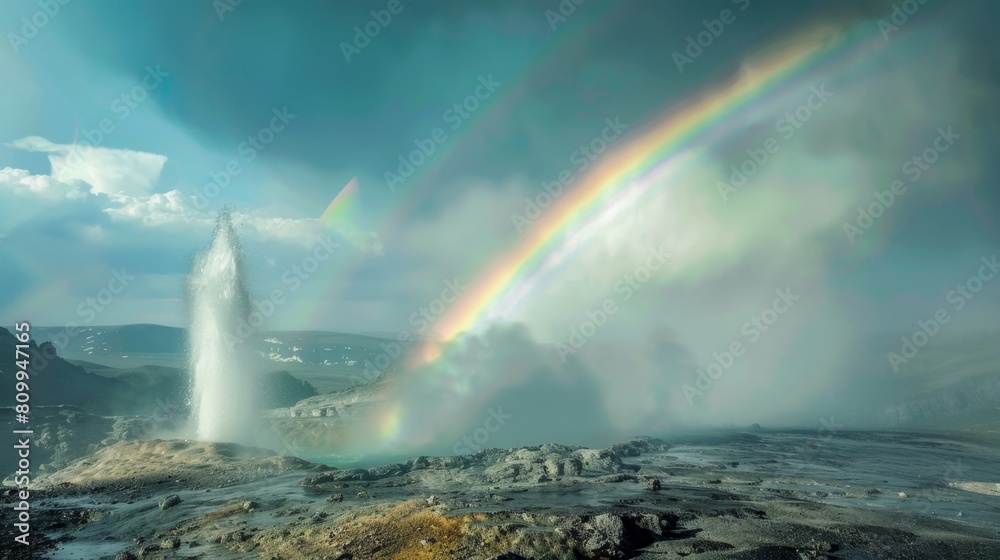 Wall mural A geyser erupting under a rainbow, steam rising against a backdrop of mountains