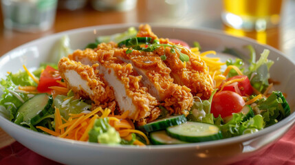Crispy chicken and mixed greens salad with cherry tomatoes, cucumbers, and shredded carrots, presented in a white bowl