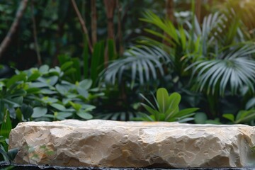 Stone tabletop podium floor in outdoors tropical garden forest blurred green leaf plant nature background.Natural product placement pedestal stand display,jungle paradise concept. generative ai.