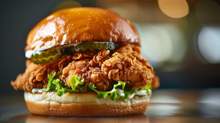 Close-up of a delicious crispy chicken burger with pickles and lettuce on a shiny wooden table with bokeh background